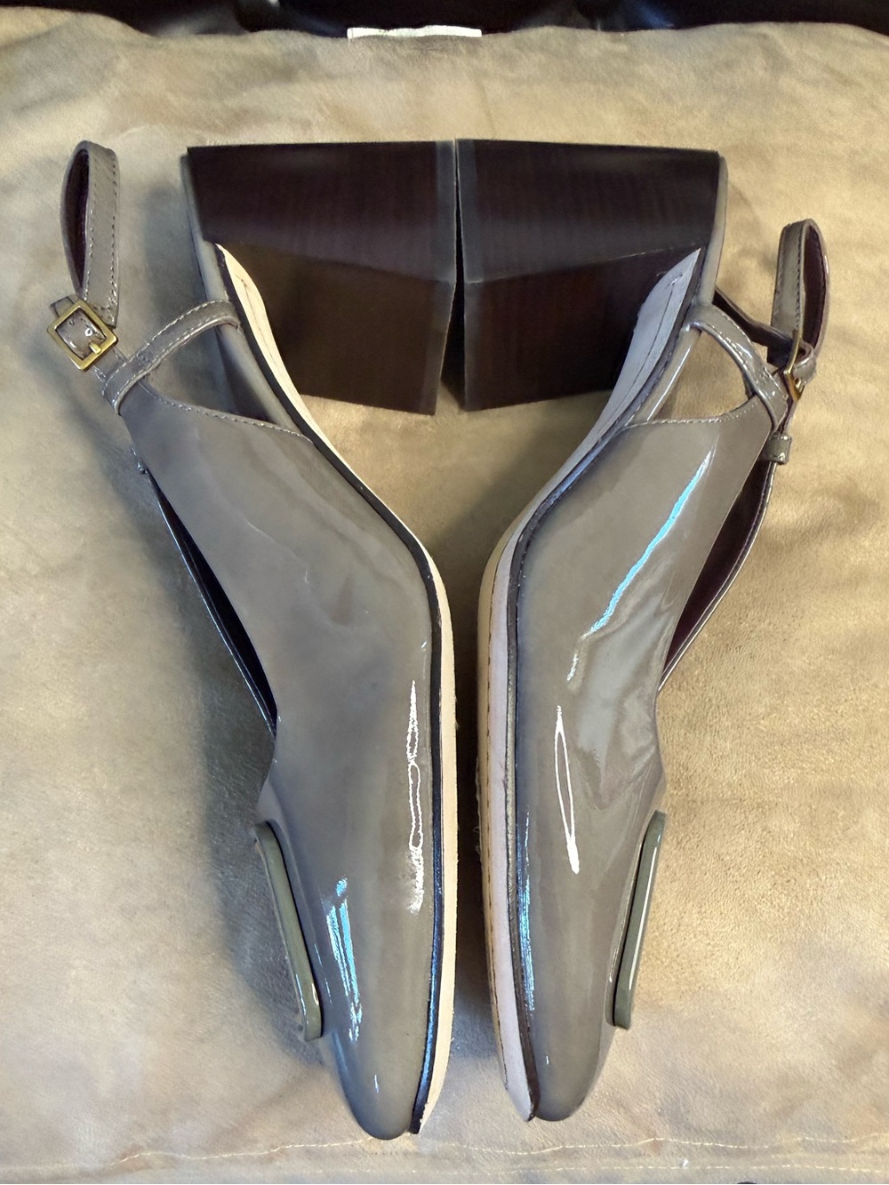Tory Burch Taupe Patent Leather Slingback Heels with Gold Logo - Picture 10 of 15